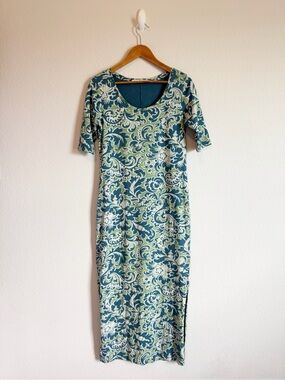 Peruvian Connection Jungle Flower Pima Cotton Boho Side Slits Maxi Dress Size S